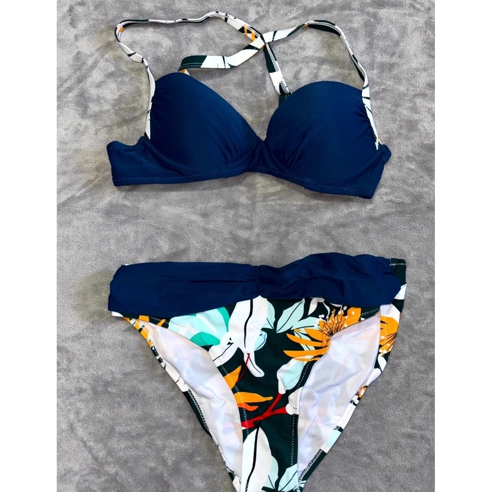 Womens Swimwear High Waisted Bikini Set Small Blue Floral Stretch Beach Padded‎
